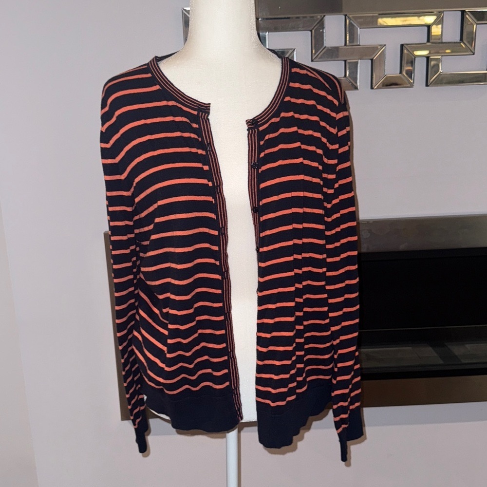 LOFT Navy and Orange Striped 100% Cotton lightweight cardigan, size XL